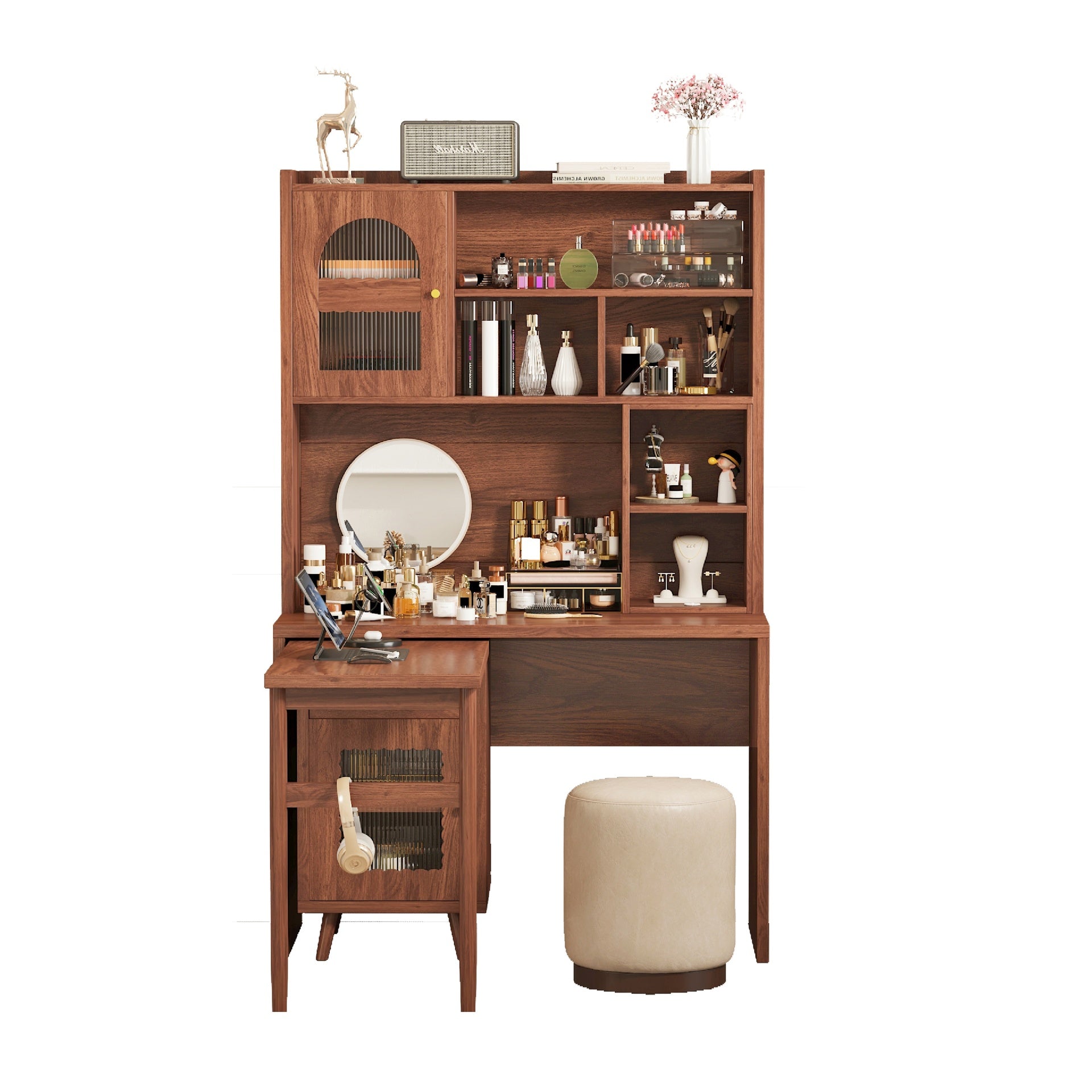 Computer Desk with 90 Degree Rotating Desktop, 43x70 Inch Office Desk with Storage Drawer and Cabinets, Gaming Desk with Shelves, Writing Desk for Study, Work Desk for Home