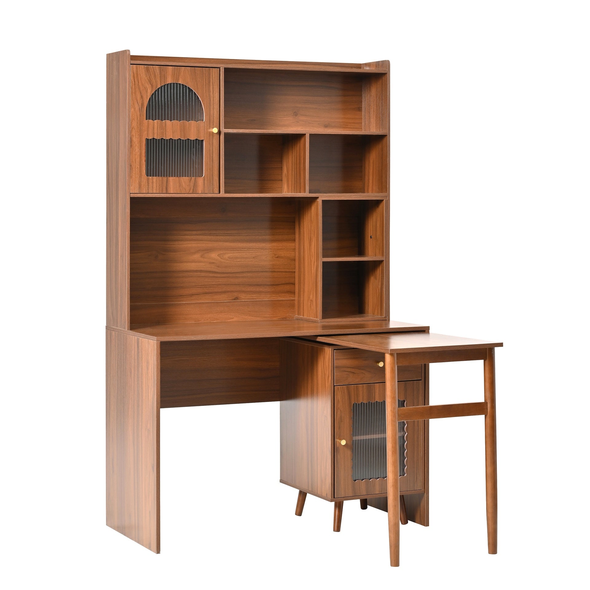 Computer Desk with 90 Degree Rotating Desktop, 43x70 Inch Office Desk with Storage Drawer and Cabinets, Gaming Desk with Shelves, Writing Desk for Study, Work Desk for Home