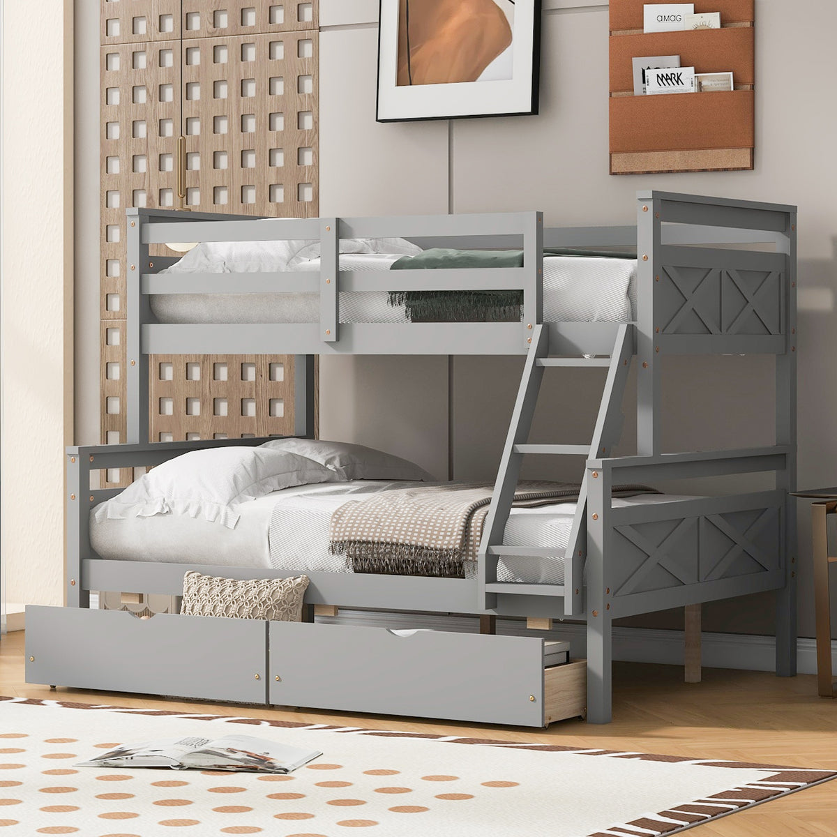Twin over Full Bunk Bed with Ladder, Two Storage Drawers, Safety Guardrail, Gray
