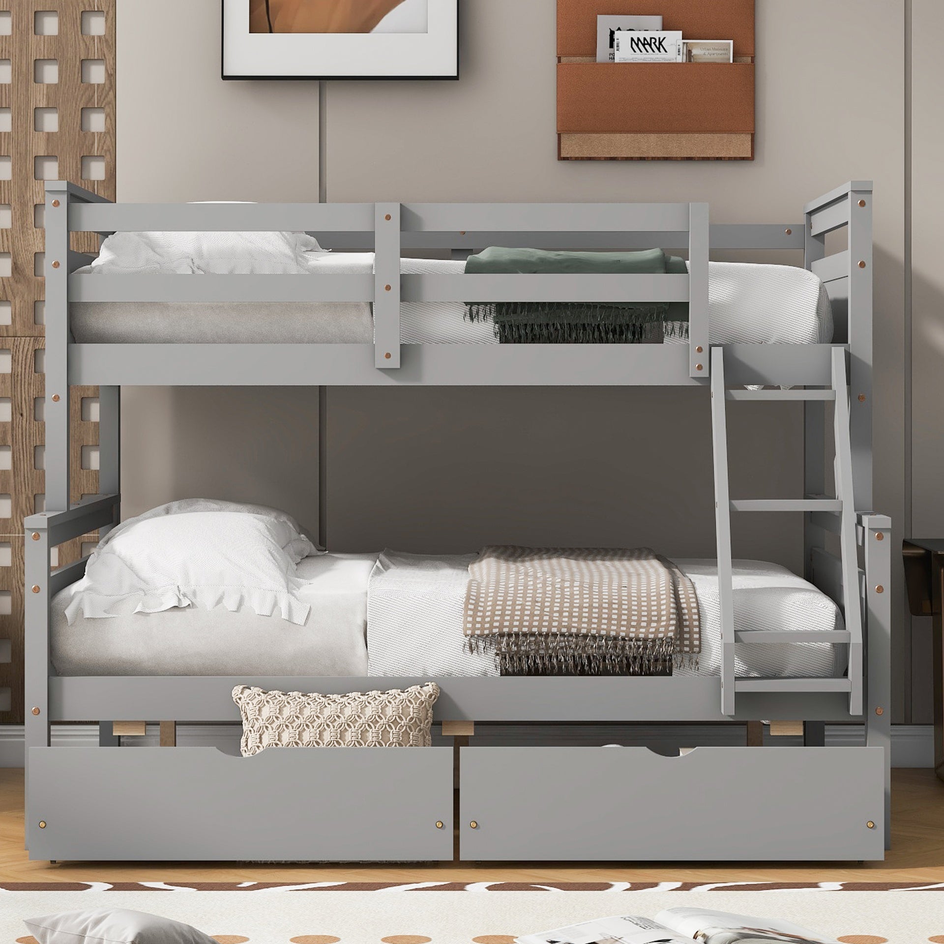 Twin over Full Bunk Bed with Ladder, Two Storage Drawers, Safety Guardrail, Gray