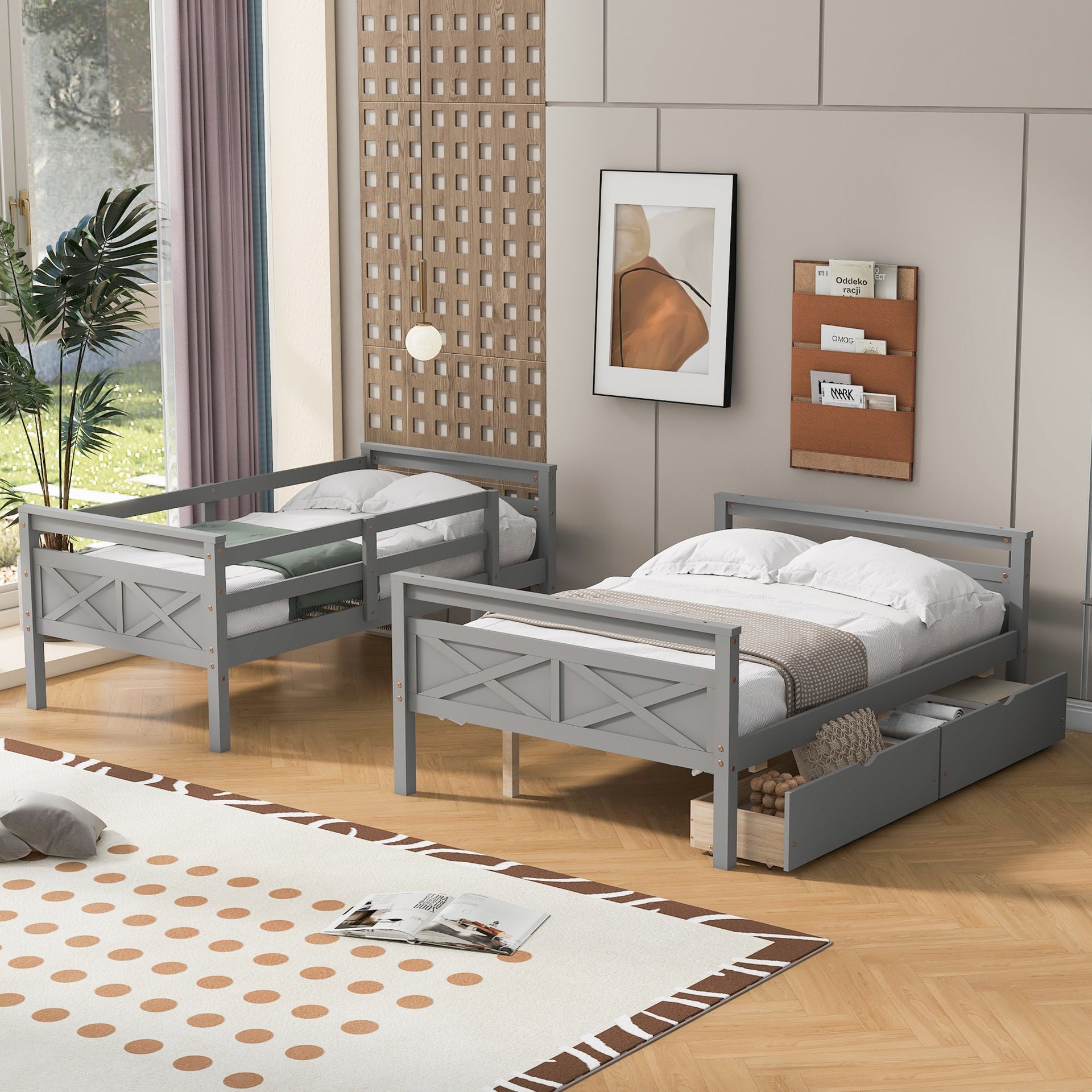 Twin over Full Bunk Bed with Ladder, Two Storage Drawers, Safety Guardrail, Gray