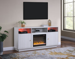 Ambrogio 70"W White Walnut Finish Fireplace TV Stand Console with Heater, LED Light, Cabinets, Shelves