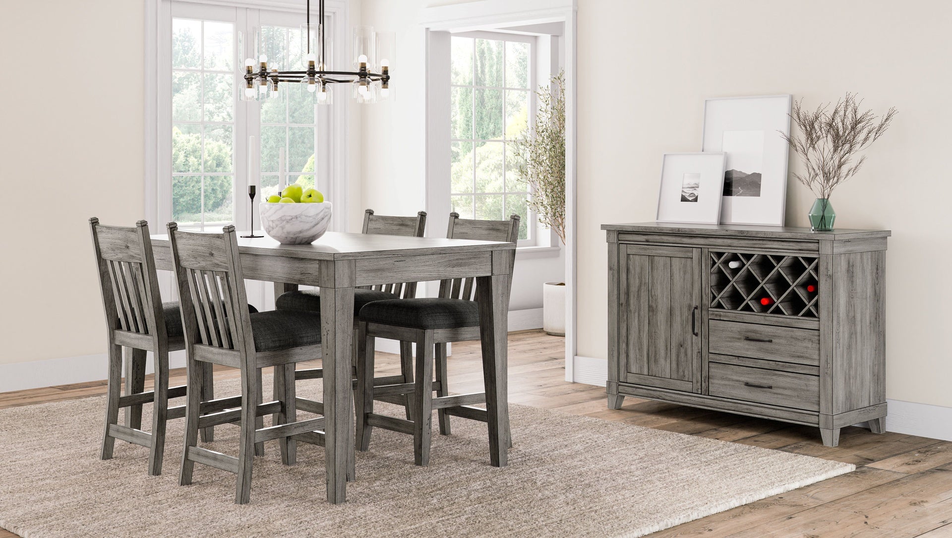 Rustic Gray Dining Server Wine  Cabinet and Drawer Storage