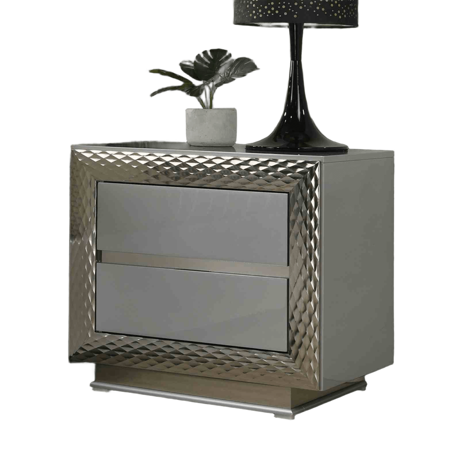 Glam Style 1pc Nightstand Plinth Base Silver Molding Felt Lined Top Drawer Gray Finish Bedroom Furniture