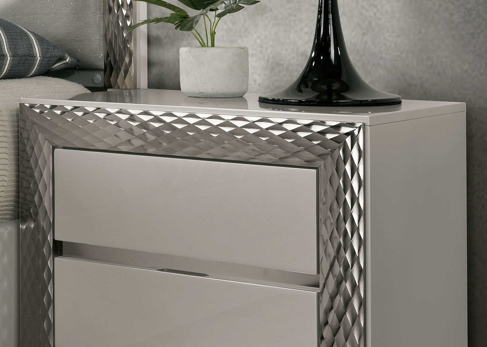 Glam Style 1pc Nightstand Plinth Base Silver Molding Felt Lined Top Drawer Gray Finish Bedroom Furniture