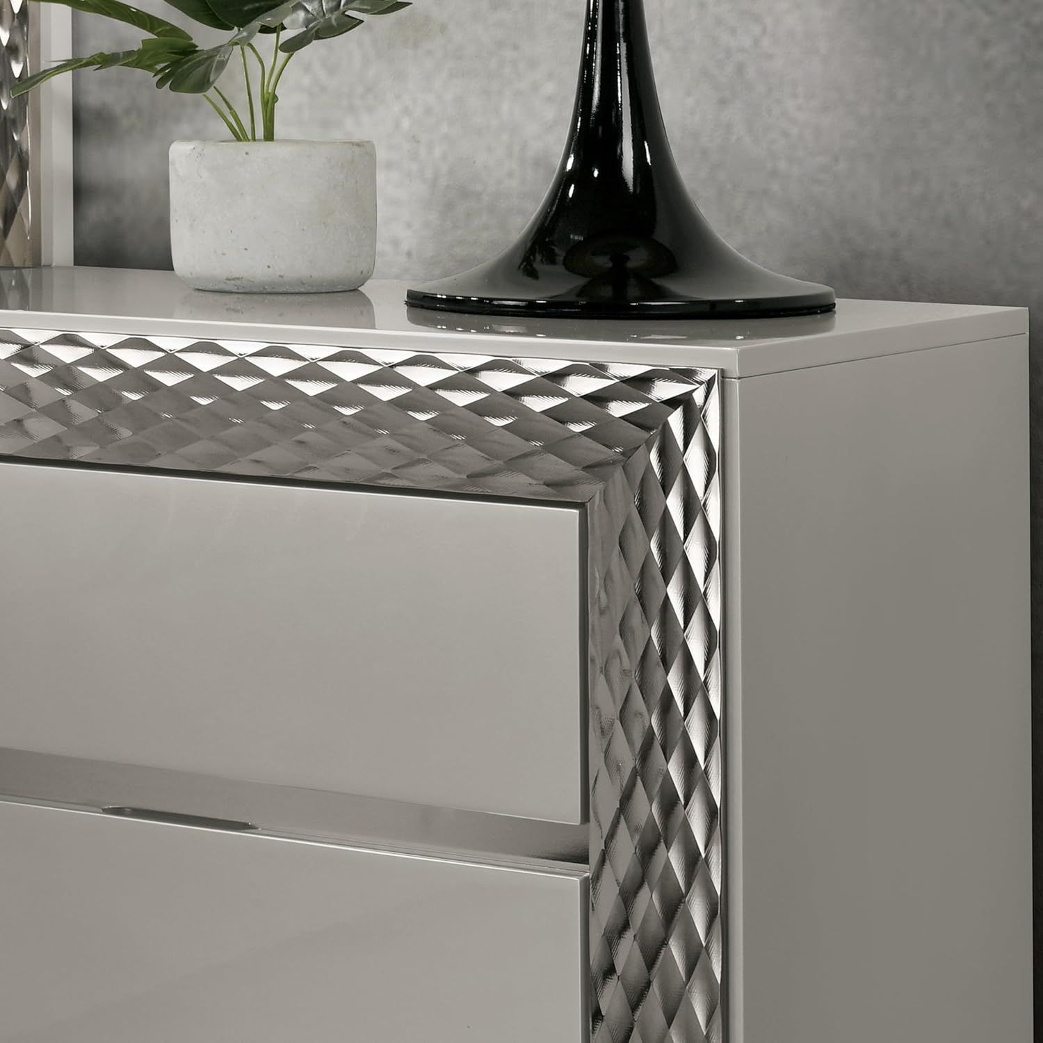 Glam Style 1pc Nightstand Plinth Base Silver Molding Felt Lined Top Drawer Gray Finish Bedroom Furniture