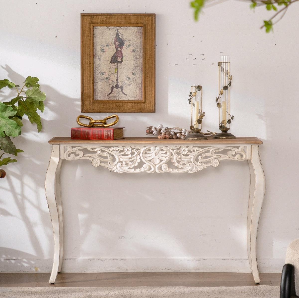 43.31" French Country Carved Console Table - Antique White Distressed Solid Wood & MDF Entry Table with Curved Legs for Hallway/Living Room
