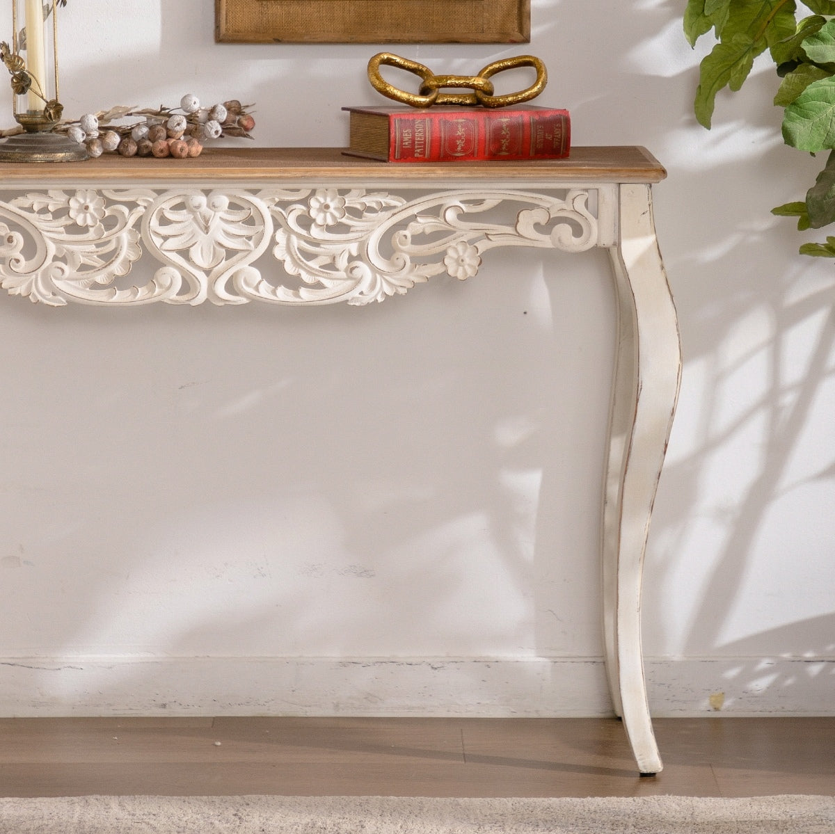 43.31" French Country Carved Console Table - Antique White Distressed Solid Wood & MDF Entry Table with Curved Legs for Hallway/Living Room