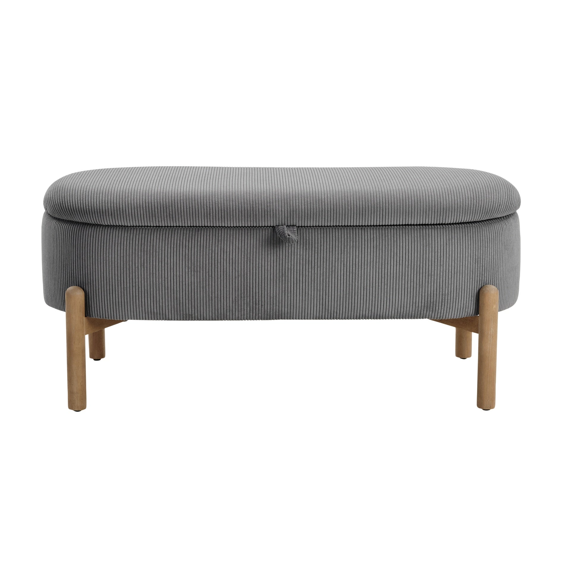 Storage Bench Gray Cushioned Seat Corduroy Upholstery Lift Top Solid Wood Legs 1pc