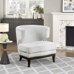 Contemporary Accent Chair Gray Boucle Fabric Upholstered Nailhead Trim Plywood Elegant Style Furniture 1pc Unique Barrel Back