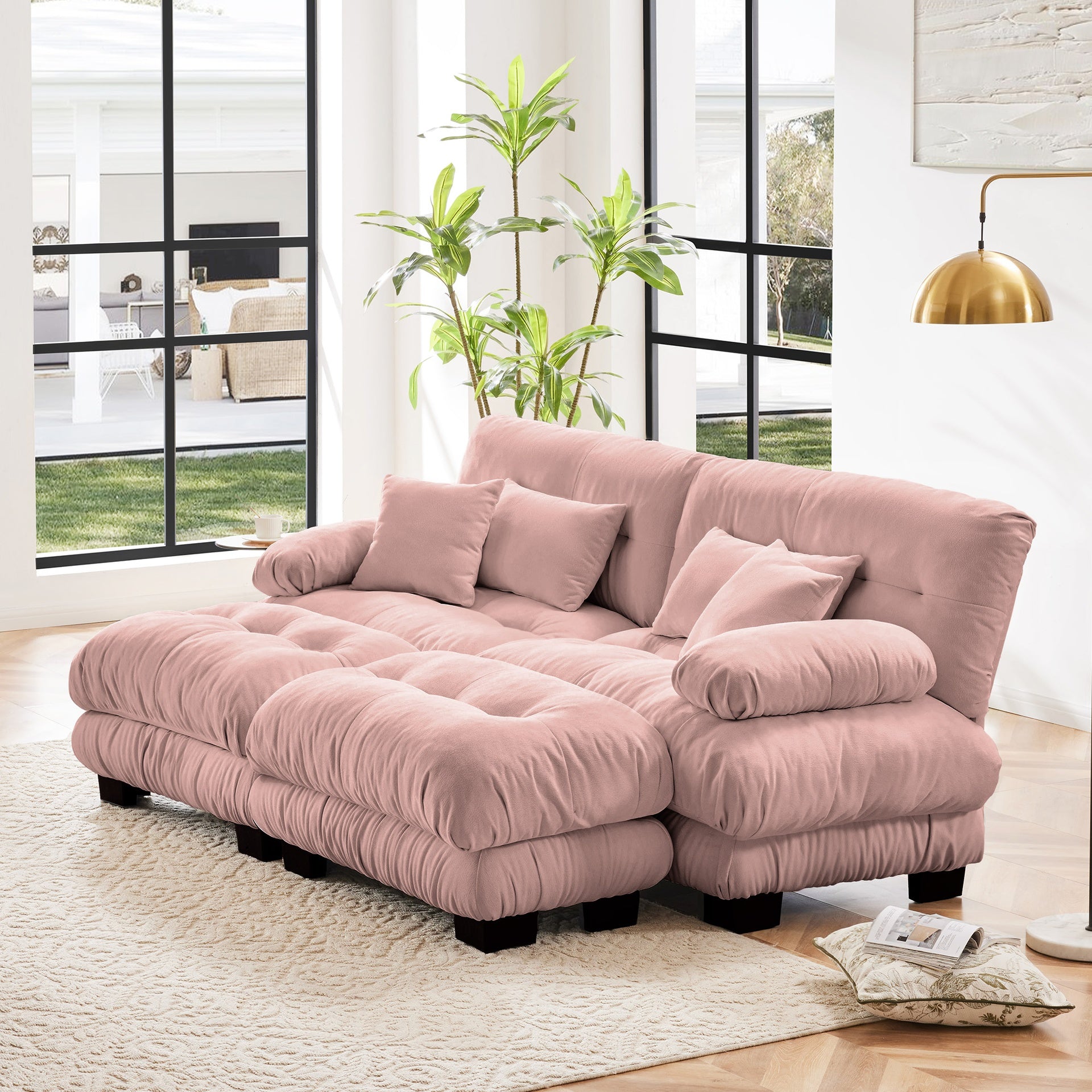 Cloud Couch Sleeper Sofa for Living Room, Chenille 2 Seater sofa with 2 Lumbar pillows and 2 throw pillows , Upholstered Wide Arm Sofa with 2 Ottomans,Chenille Pink