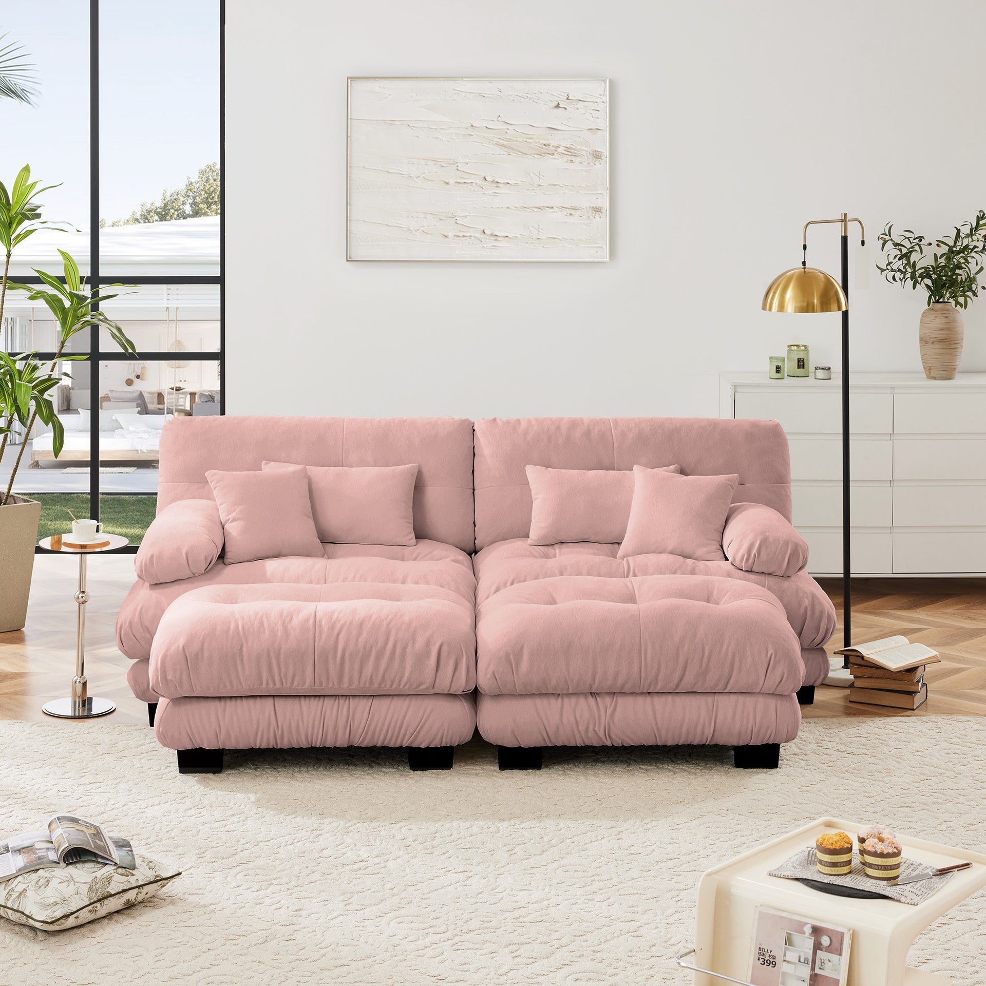 Cloud Couch Sleeper Sofa for Living Room, Chenille 2 Seater sofa with 2 Lumbar pillows and 2 throw pillows , Upholstered Wide Arm Sofa with 2 Ottomans,Chenille Pink