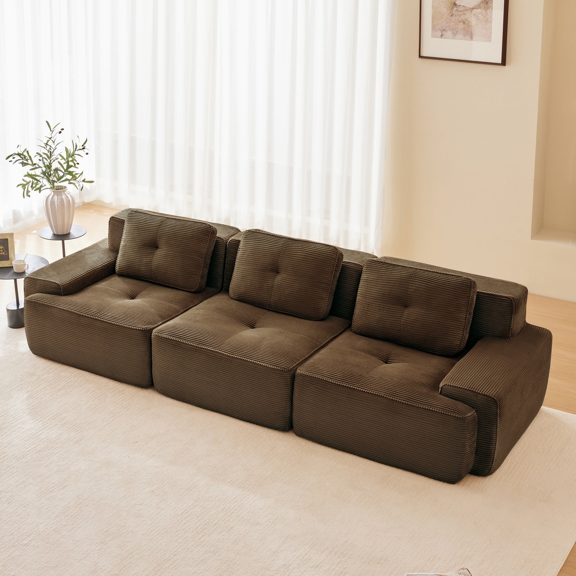 117" Modern Modular Sectional Sofa for Living Room, Corduroy Fabric,Oversized 3-Seater Couch with Deep Seat, Pearl-like piping, Tufted Design,Buckle connection,No Assembly,Anti-slip Design,Brown