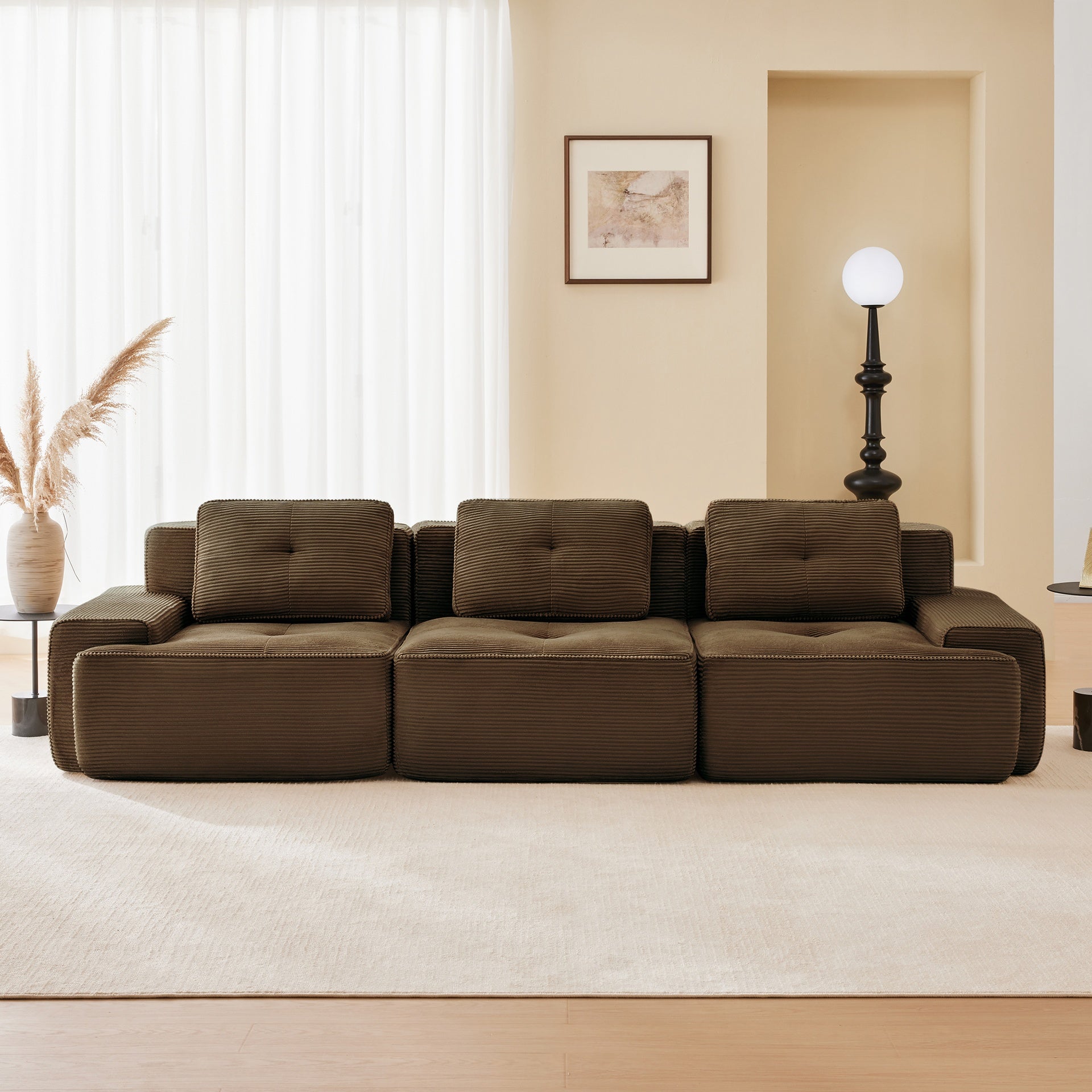 117" Modern Modular Sectional Sofa for Living Room, Corduroy Fabric,Oversized 3-Seater Couch with Deep Seat, Pearl-like piping, Tufted Design,Buckle connection,No Assembly,Anti-slip Design,Brown