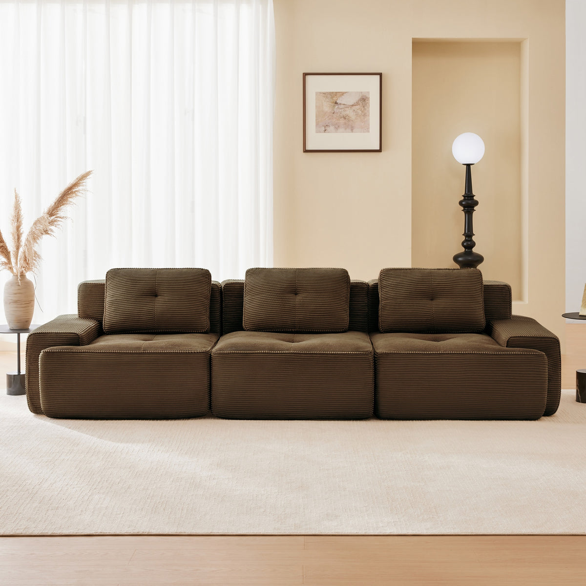 117" Modern Modular Sectional Sofa for Living Room, Corduroy Fabric,Oversized 3-Seater Couch with Deep Seat, Pearl-like piping, Tufted Design,Buckle connection,No Assembly,Anti-slip Design,Brown