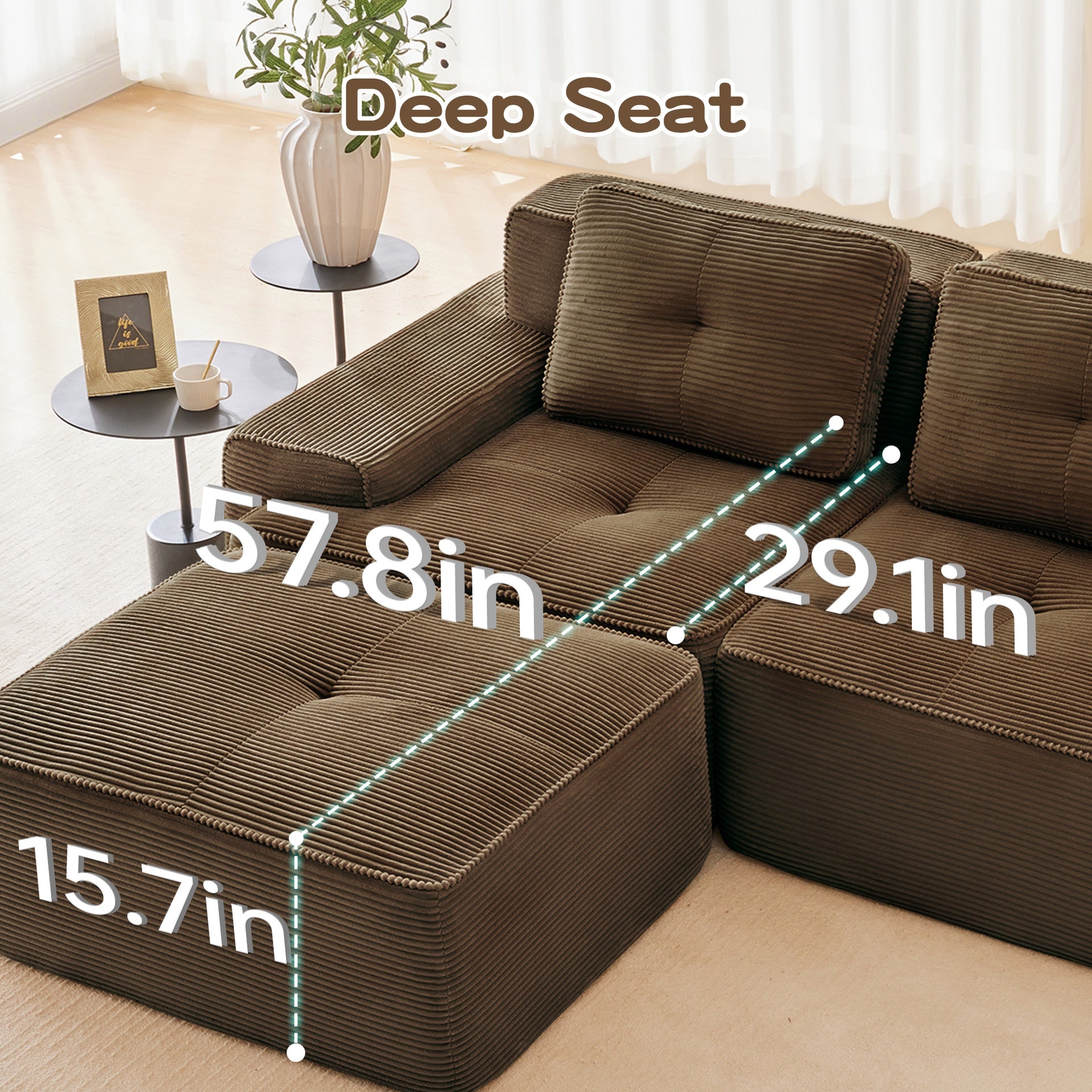 117" Modern Modular Sectional Sofa for Living Room, Corduroy Fabric,Oversized 3-Seater Couch with Deep Seat, Pearl-like piping, Tufted Design,Buckle connection,No Assembly,Anti-slip Design,Brown