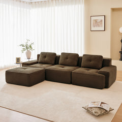 117" Modern L-Shaped Modular Sectional Sofa for Living Room, Corduroy Fabric,3-Seater Couch with Deep Seat and Movable Ottoman,Pearl-like piping, Tufted Design,No Assembly, Anti-slip Design, Brown