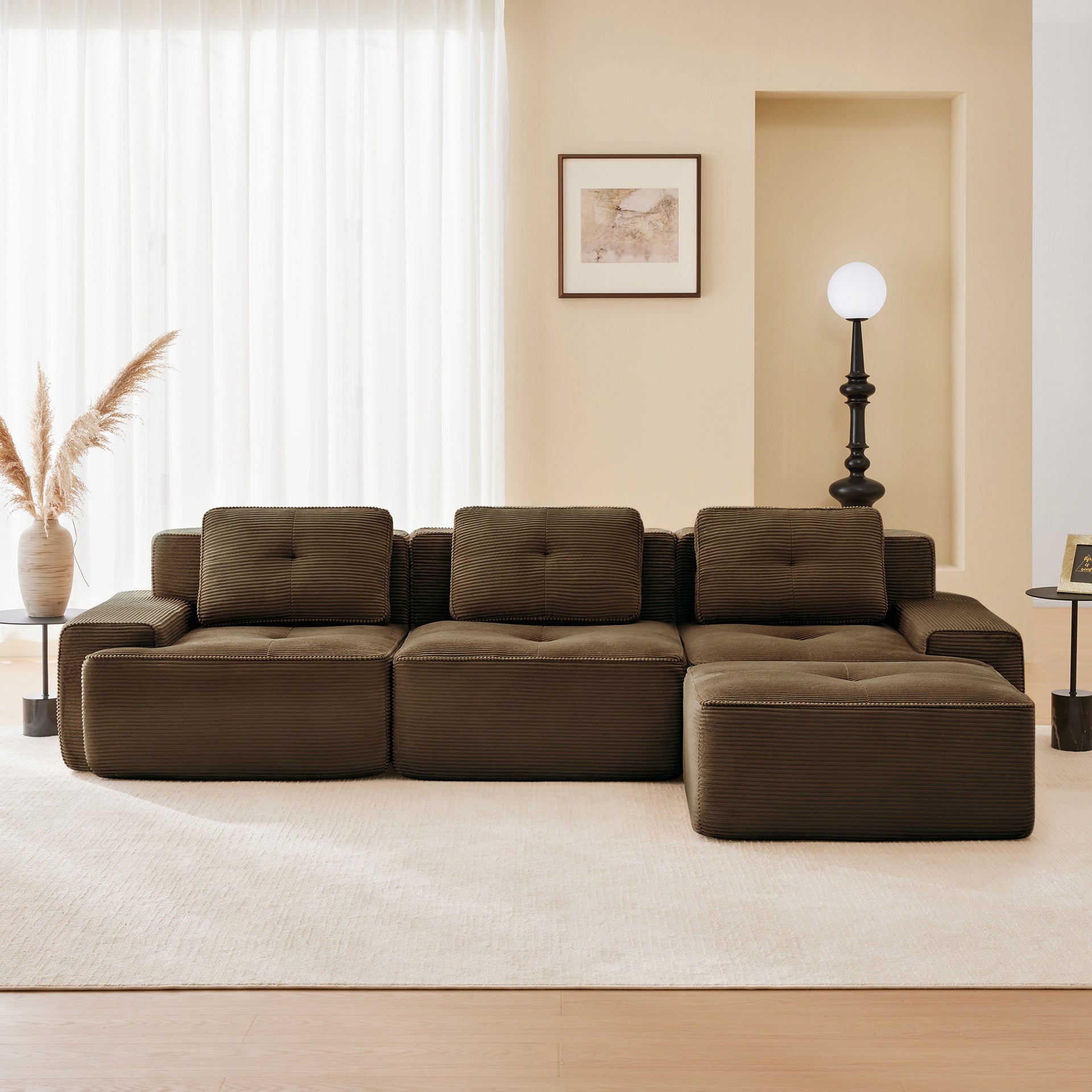 117" Modern L-Shaped Modular Sectional Sofa for Living Room, Corduroy Fabric,3-Seater Couch with Deep Seat and Movable Ottoman,Pearl-like piping, Tufted Design,No Assembly, Anti-slip Design, Brown