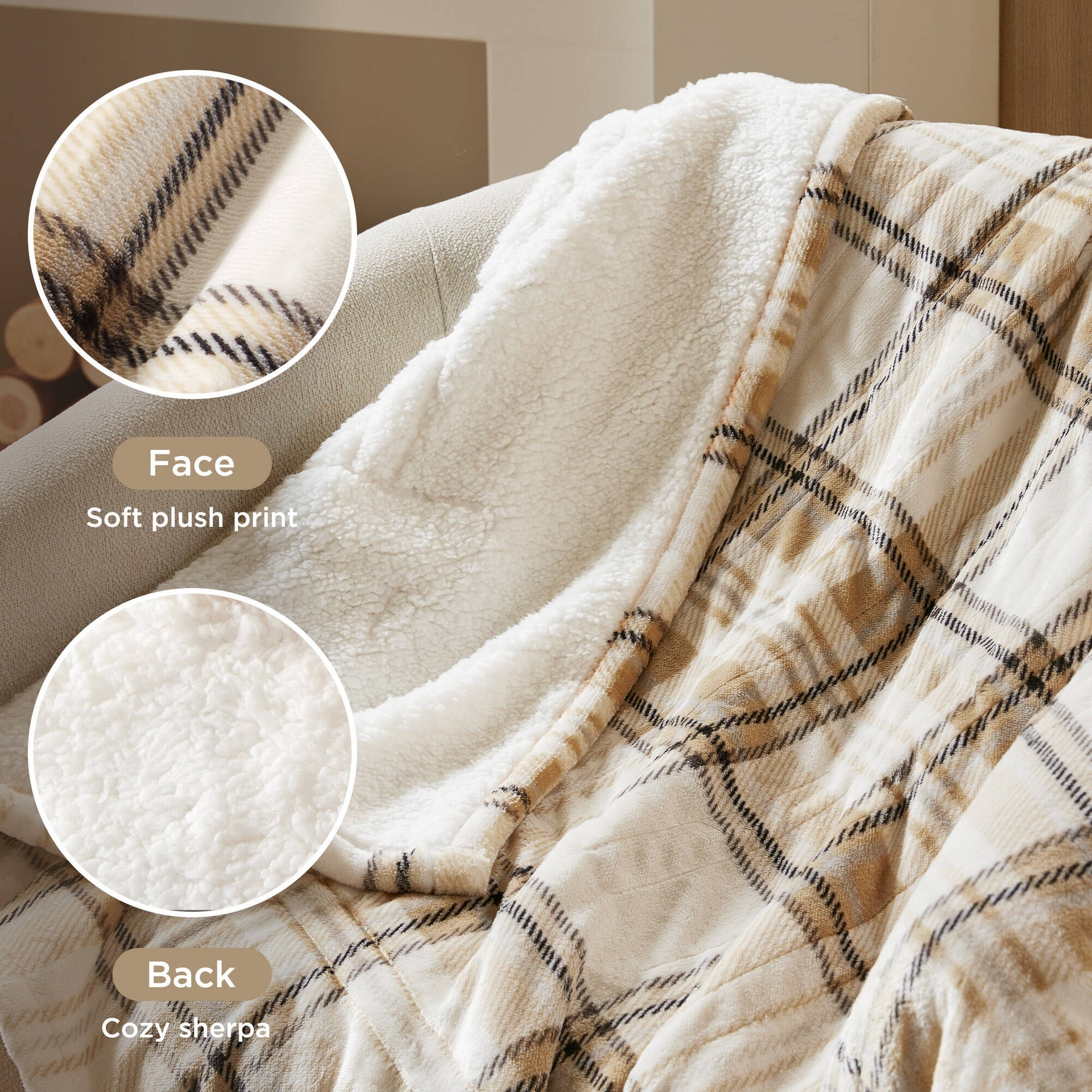 1-Piece 50x60" Heated Throw,Tan Plaid
