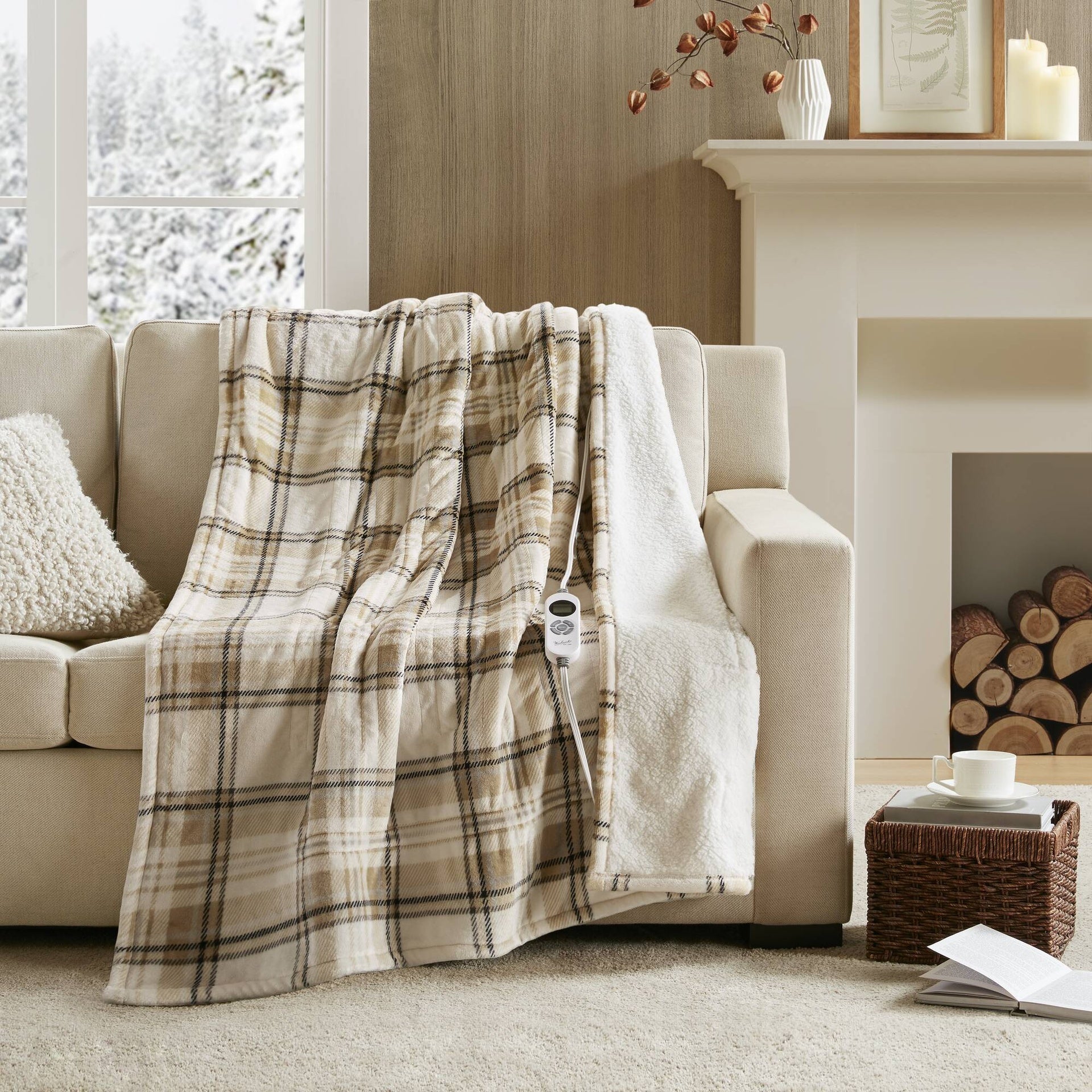 1-Piece 50x60" Heated Throw,Tan Plaid