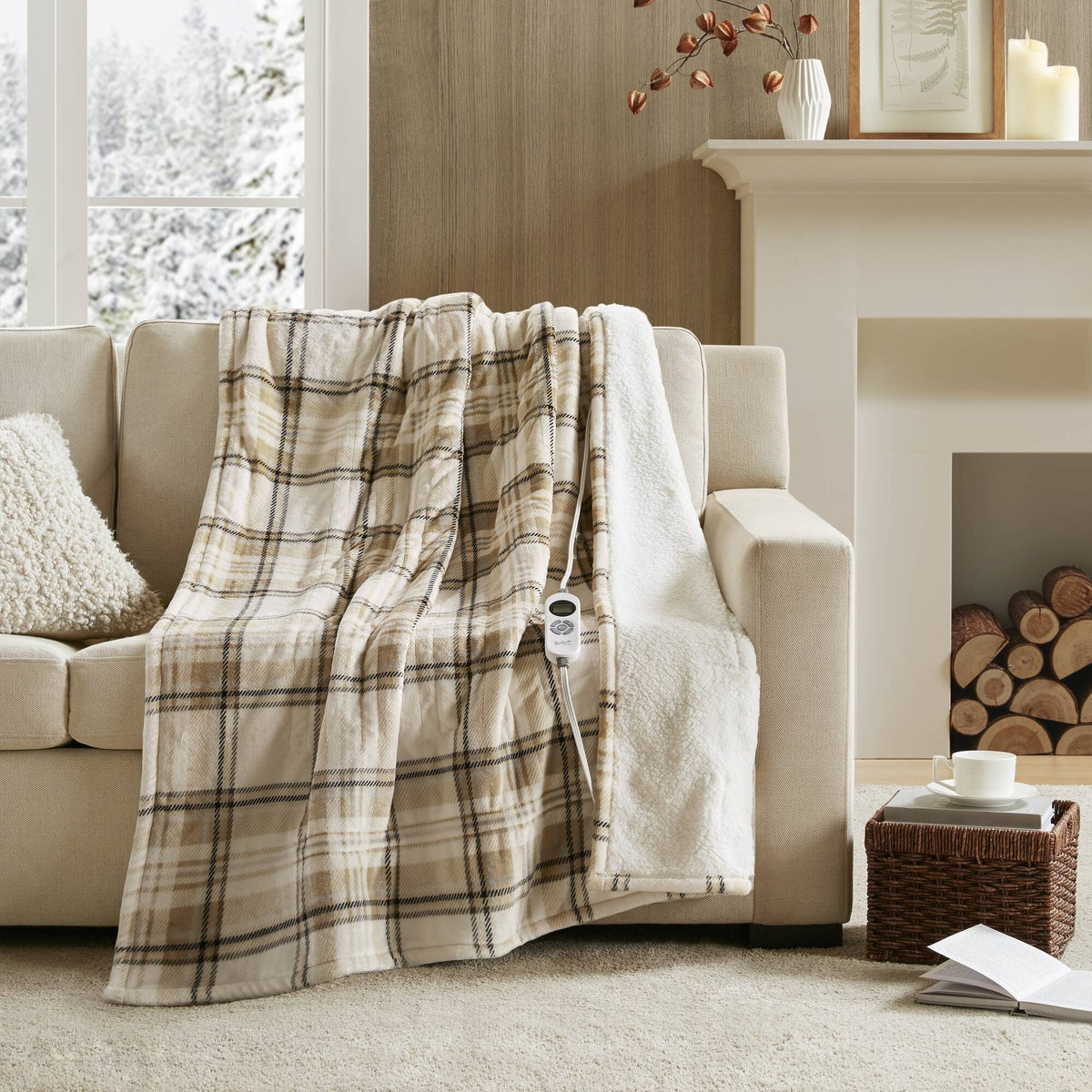 1-Piece 50x60" Heated Throw,Tan Plaid