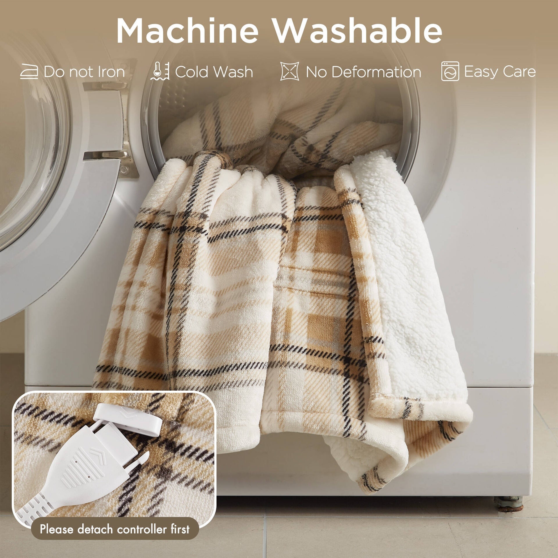 1-Piece 50x60" Heated Throw,Tan Plaid