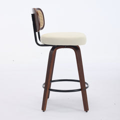 Set of 3 Counter Height Bar Stools - 26 inch Rattan Counter Height Stools with Cane Back, Upholstered Seat, Walnut Craftsmanship, Swivel Counter Stools for Island/Kitchen/Counter/Bar (Walnut /Beige)
