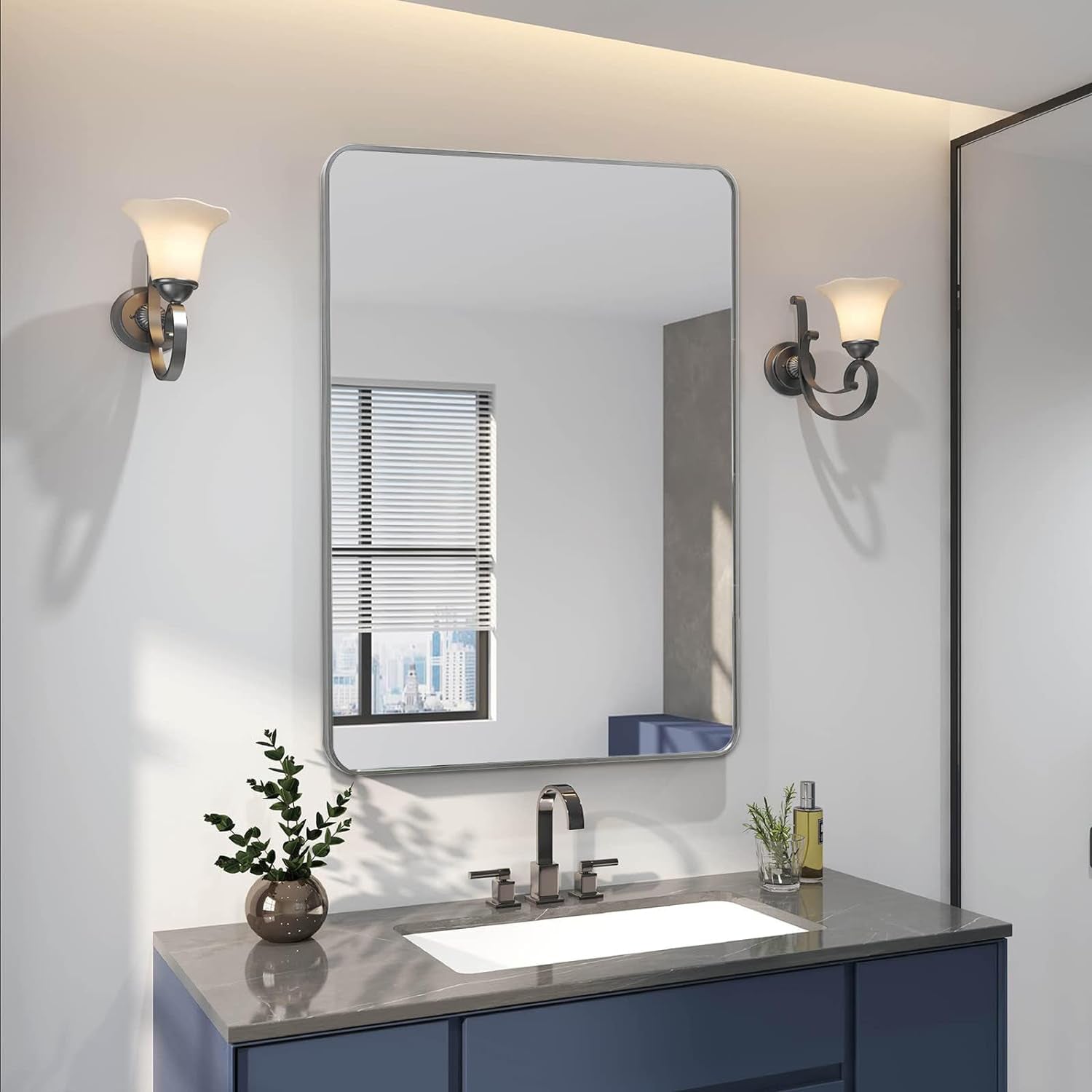 24x36 Inch Silver Metal Framed Rectangular Bathrrom Mirror for Wall.(W2203P156434)