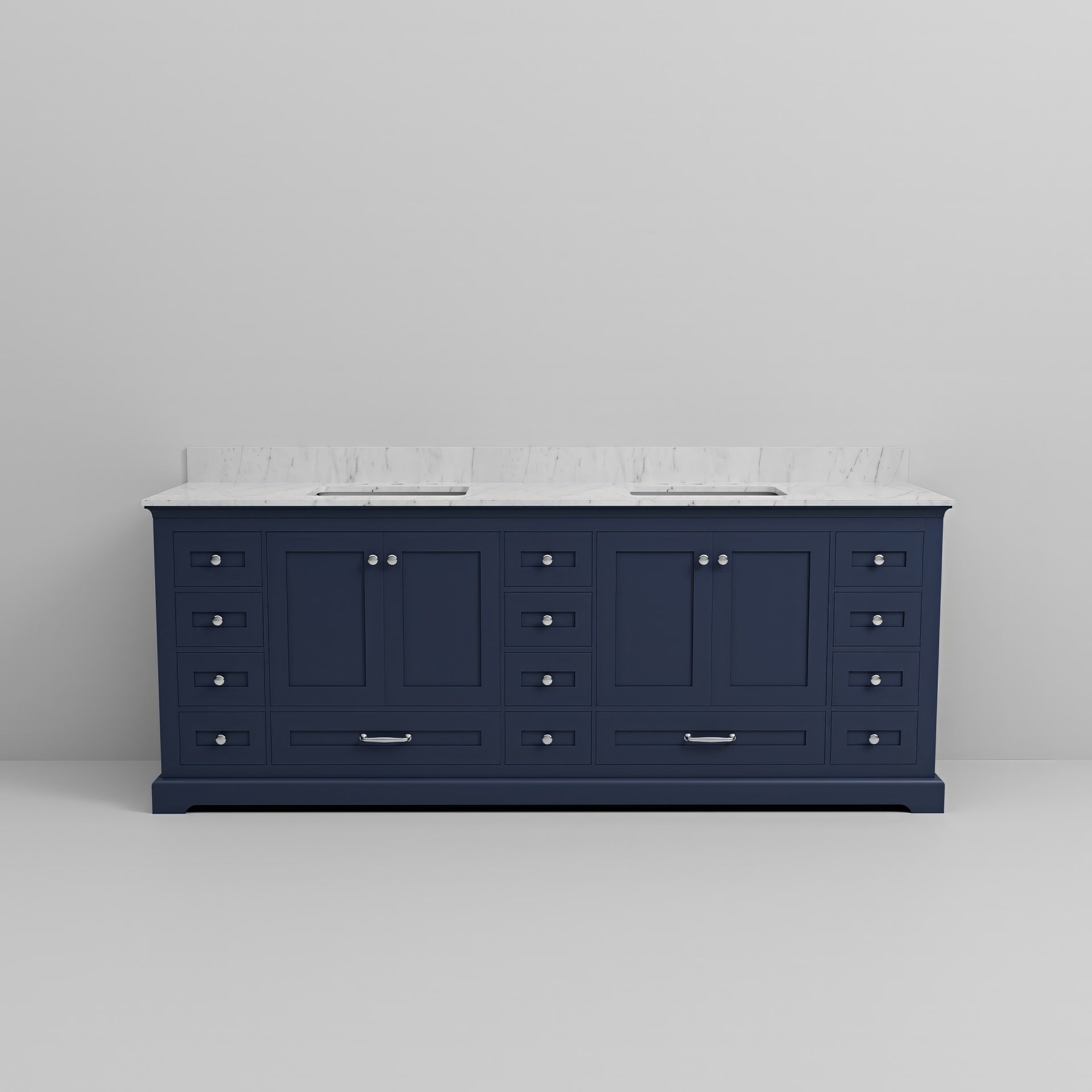 Navy Blue Double Bath Vanity 84 in. W x 22 in. D, with Carrara Marble Top