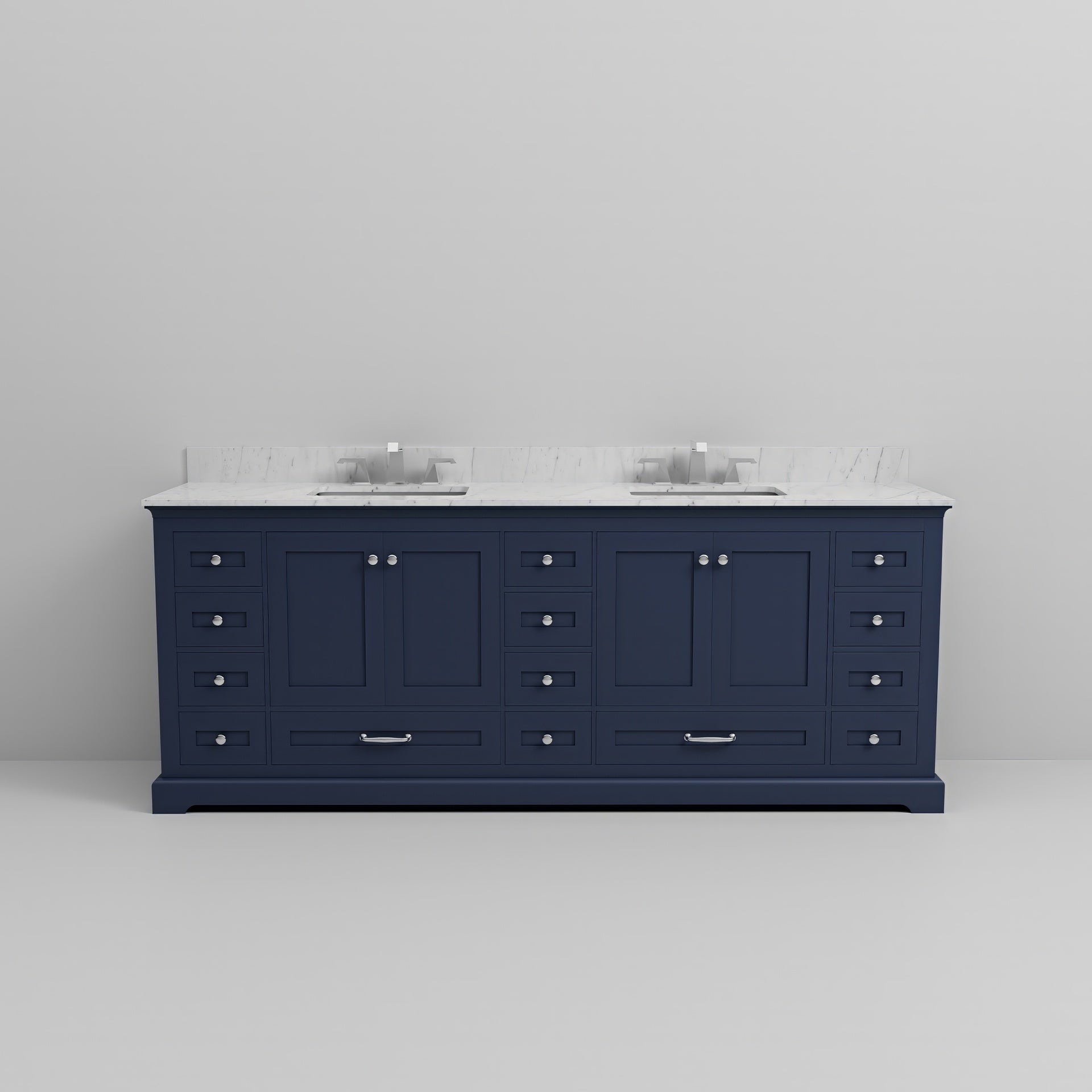 Navy Blue Double Bath Vanity 84 in. W x 22 in. D, Carrara Marble Top, and Faucet Set