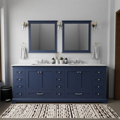 Navy Blue Double Bath Vanity 84 in. W x 22 in. D, Carrara Marble Top, and Faucet Set
