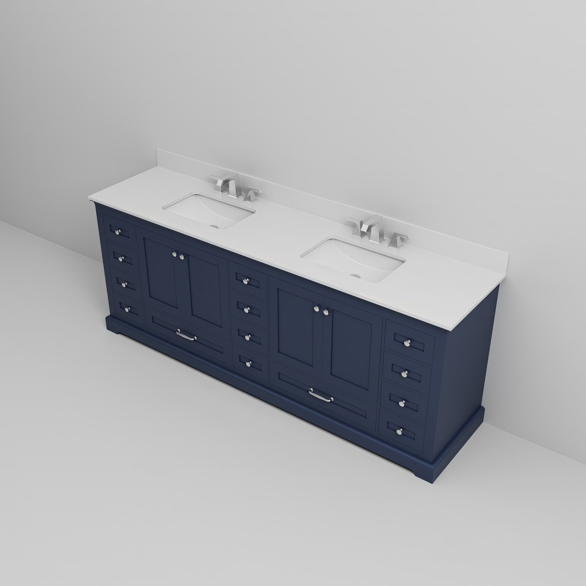 Navy Blue Double Bath Vanity 84 in. W x 22 in. D, White Quartz Top, and Faucet Set