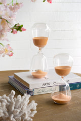 Set of 2 Clear Hourglass,Terracotta Sand, S: 3.3x3.3x8" 30-Minute, L: 3.5x3.5x10" 45-Minute