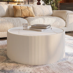 Light Sintered stone Top Cylinder Shape Leather Coffee modern Sofa Table for Living Room furniture (Each tabletop has a unique gold pattern)