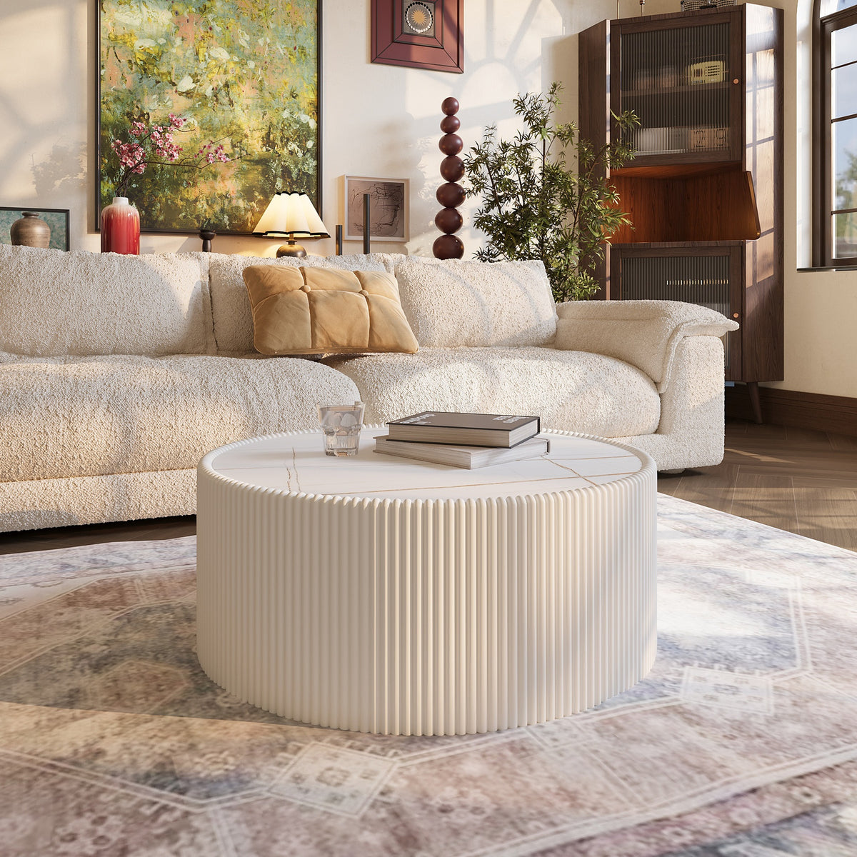 Light Sintered stone Top Cylinder Shape Leather Coffee modern Sofa Table for Living Room furniture (Each tabletop has a unique gold pattern)