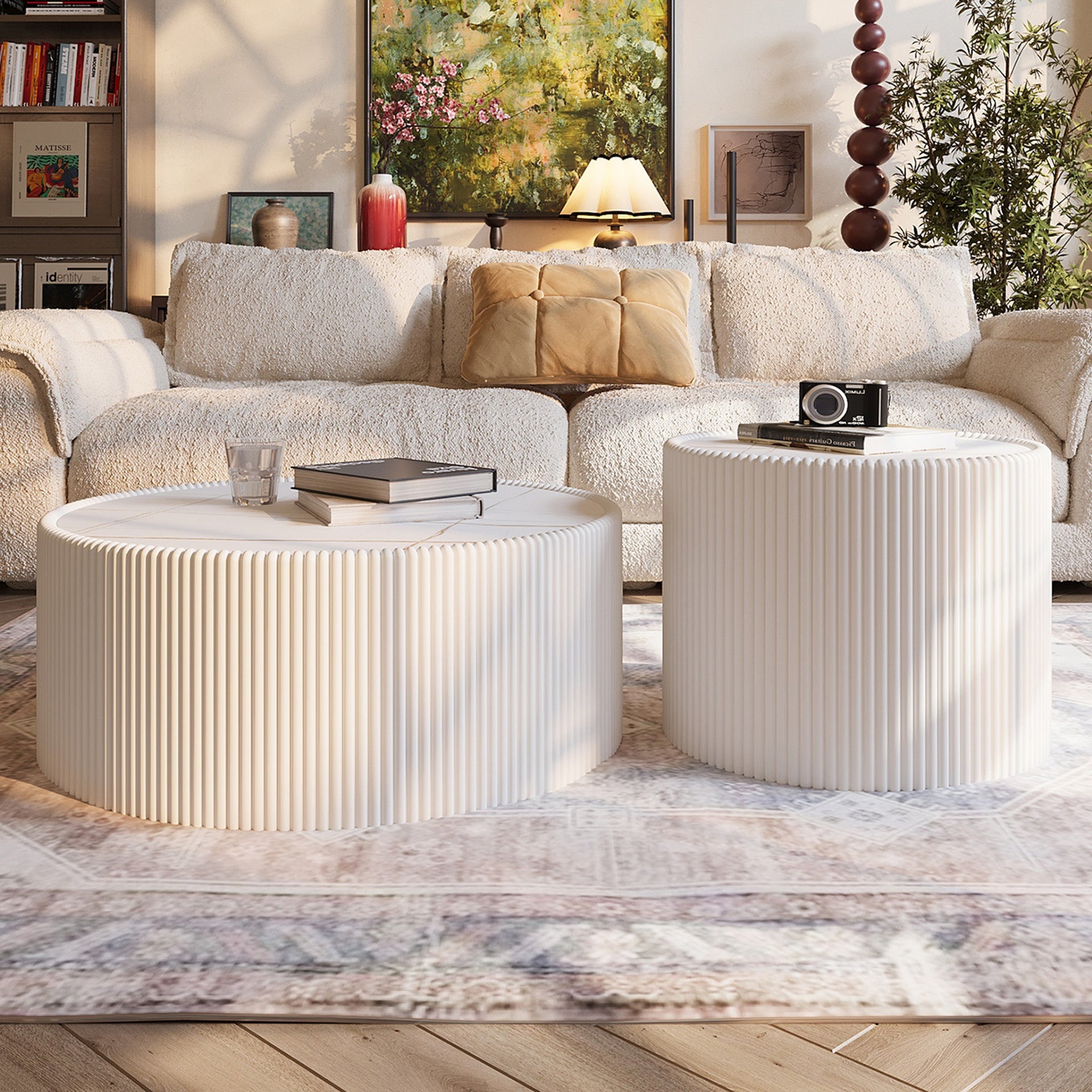 Light Sintered stone Top Cylinder Shape Leather Coffee modern Sofa Table for Living Room furniture (Each tabletop has a unique gold pattern)