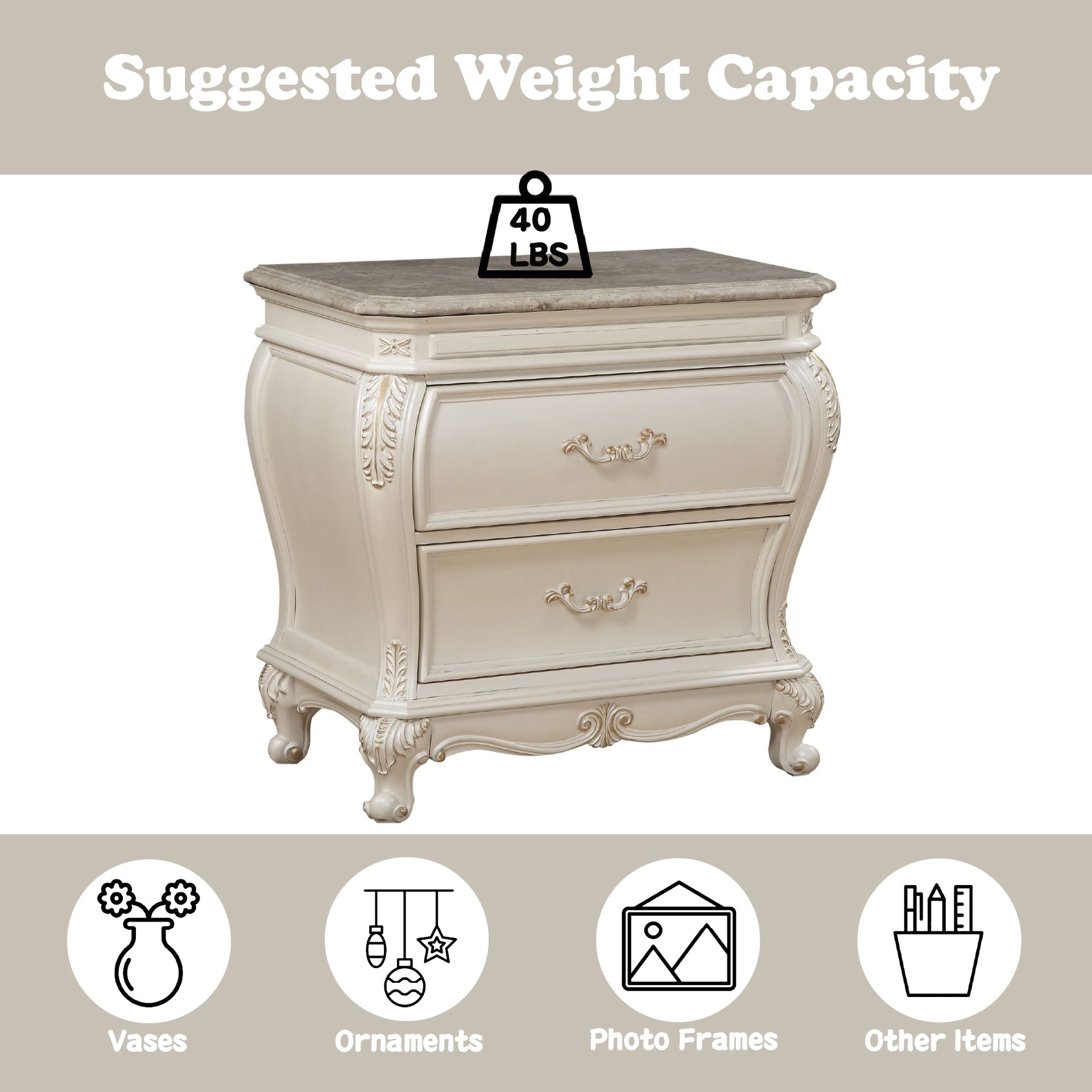 Chantelle Pearl White Finish Nightstand W/Granite Top