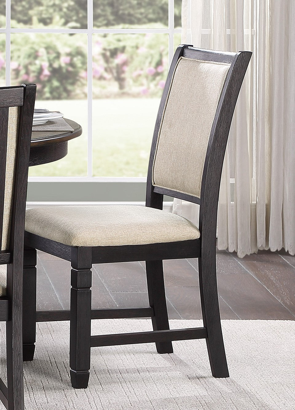 Beautiful Black Finish Wooden Side Chairs 2pcs Set Beige Color Textured Fabric Upholstered Dining Chairs