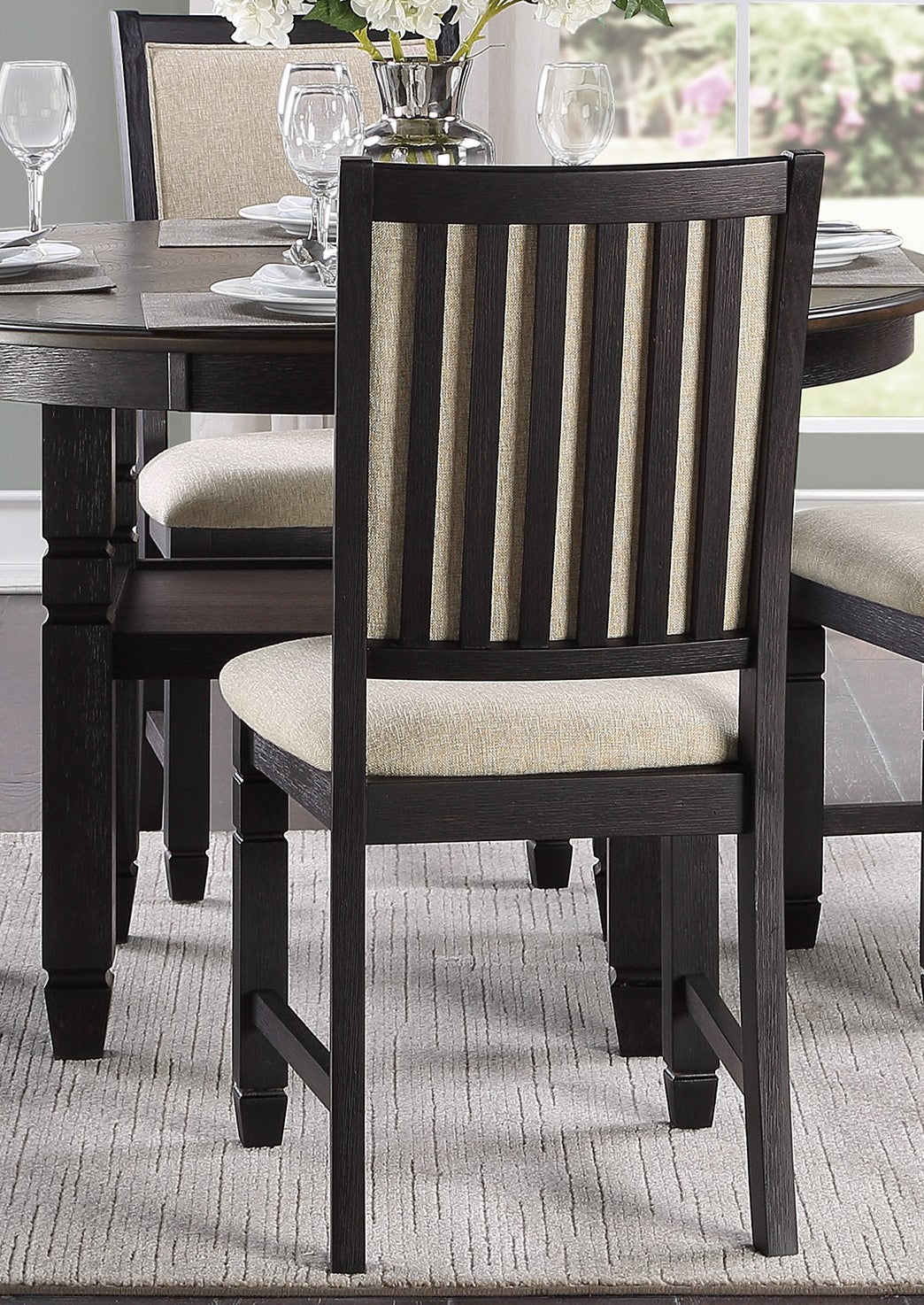 Beautiful Black Finish Wooden Side Chairs 2pcs Set Beige Color Textured Fabric Upholstered Dining Chairs