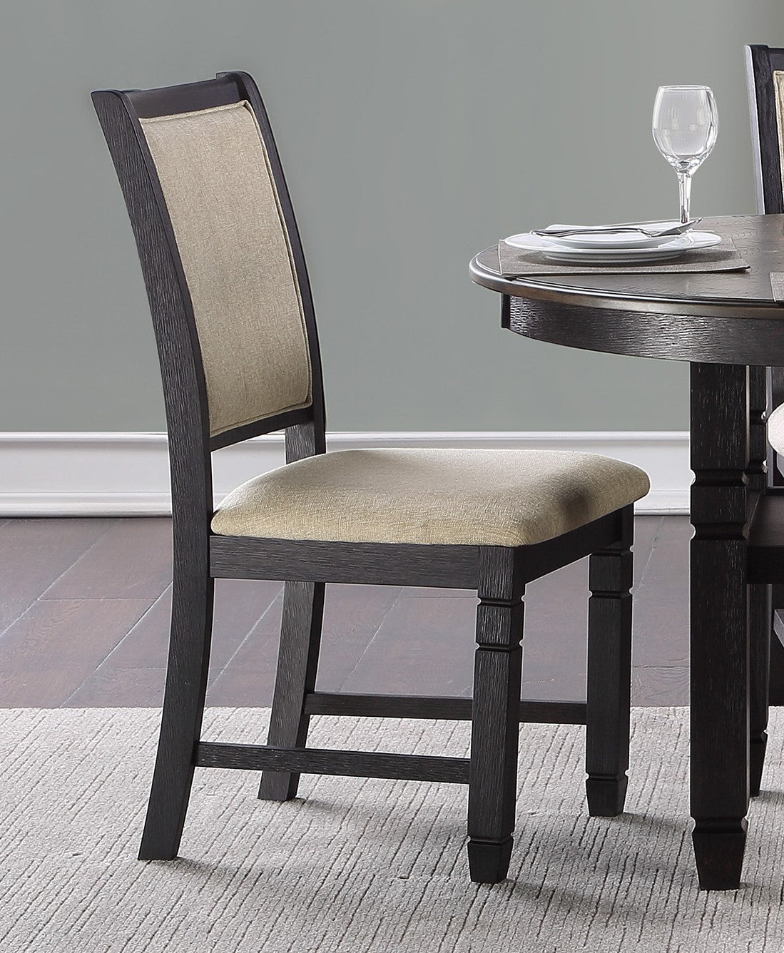 Beautiful Black Finish Wooden Side Chairs 2pcs Set Beige Color Textured Fabric Upholstered Dining Chairs