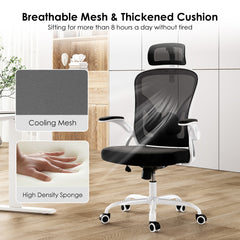Ergonomic Office Chair, Home Office Desk Chair with Headrest, High Back Computer Chair with Armrests and Adjustable Lumbar Support for Home Office Study Room, White & Black