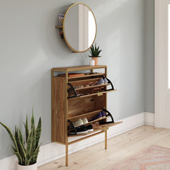 Wall-mounted Shoe Cabinet with Mirror, Brown finish