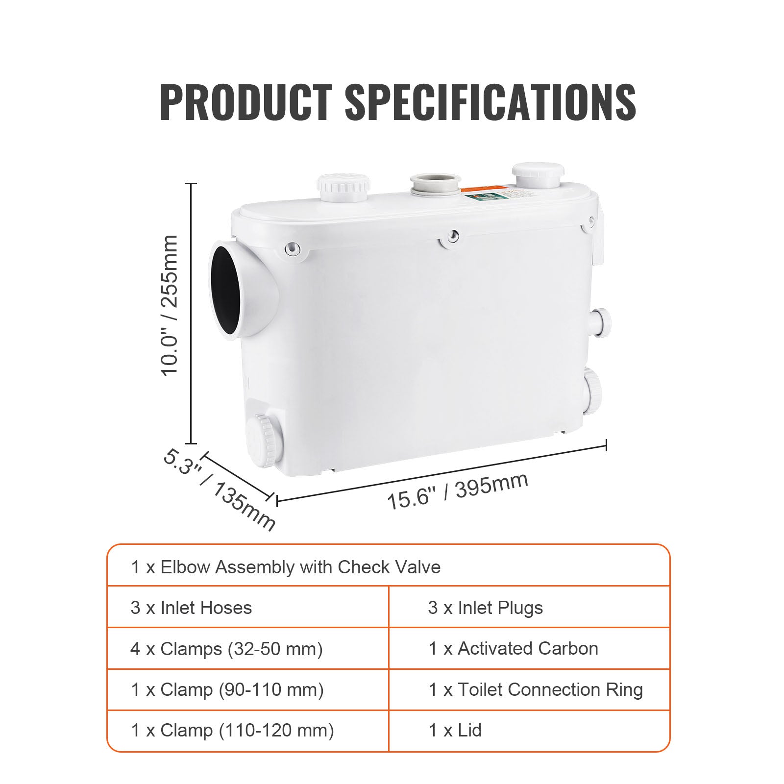 Macerator Pump 500W 29 GPM Flow 26 ft Head Lift Pump for Wall-Hung Toilet Sink