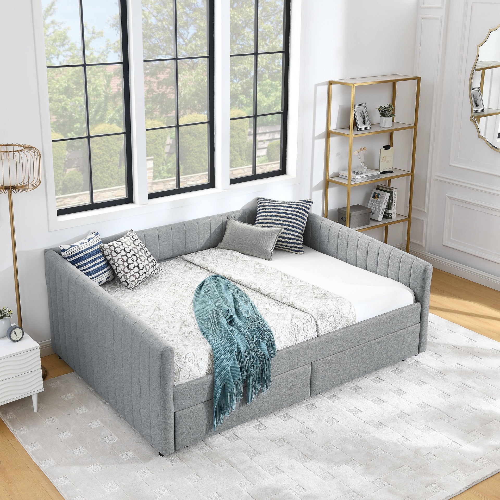 Queen Size Daybed with Two Drawers Trundle Upholstered Sofa Bed, with Vertical Stripes Linen Fabric, Grey (86.5"x65"x30")