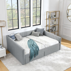 Queen Size Daybed with Two Drawers Trundle Upholstered Sofa Bed, with Vertical Stripes Linen Fabric, Grey (86.5"x65"x30")