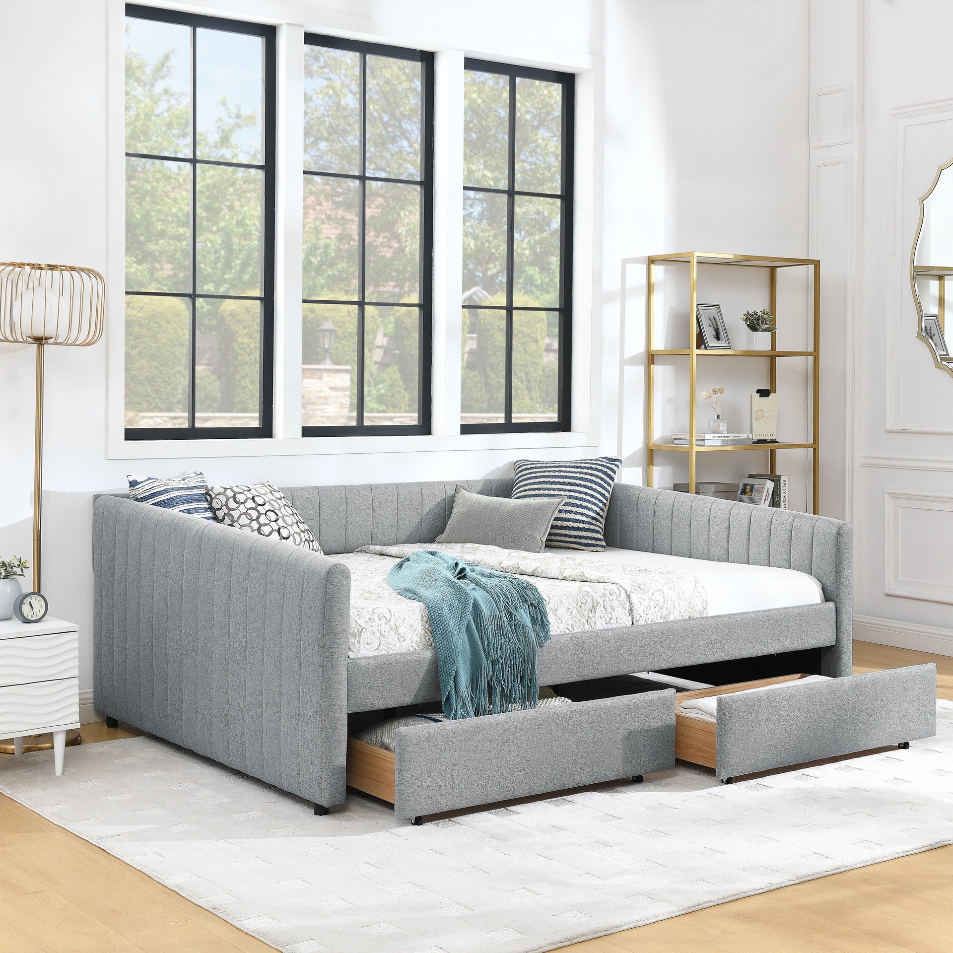 Queen Size Daybed with Two Drawers Trundle Upholstered Sofa Bed, with Vertical Stripes Linen Fabric, Grey (86.5"x65"x30")