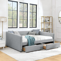 Queen Size Daybed with Two Drawers Trundle Upholstered Sofa Bed, with Vertical Stripes Linen Fabric, Grey (86.5"x65"x30")