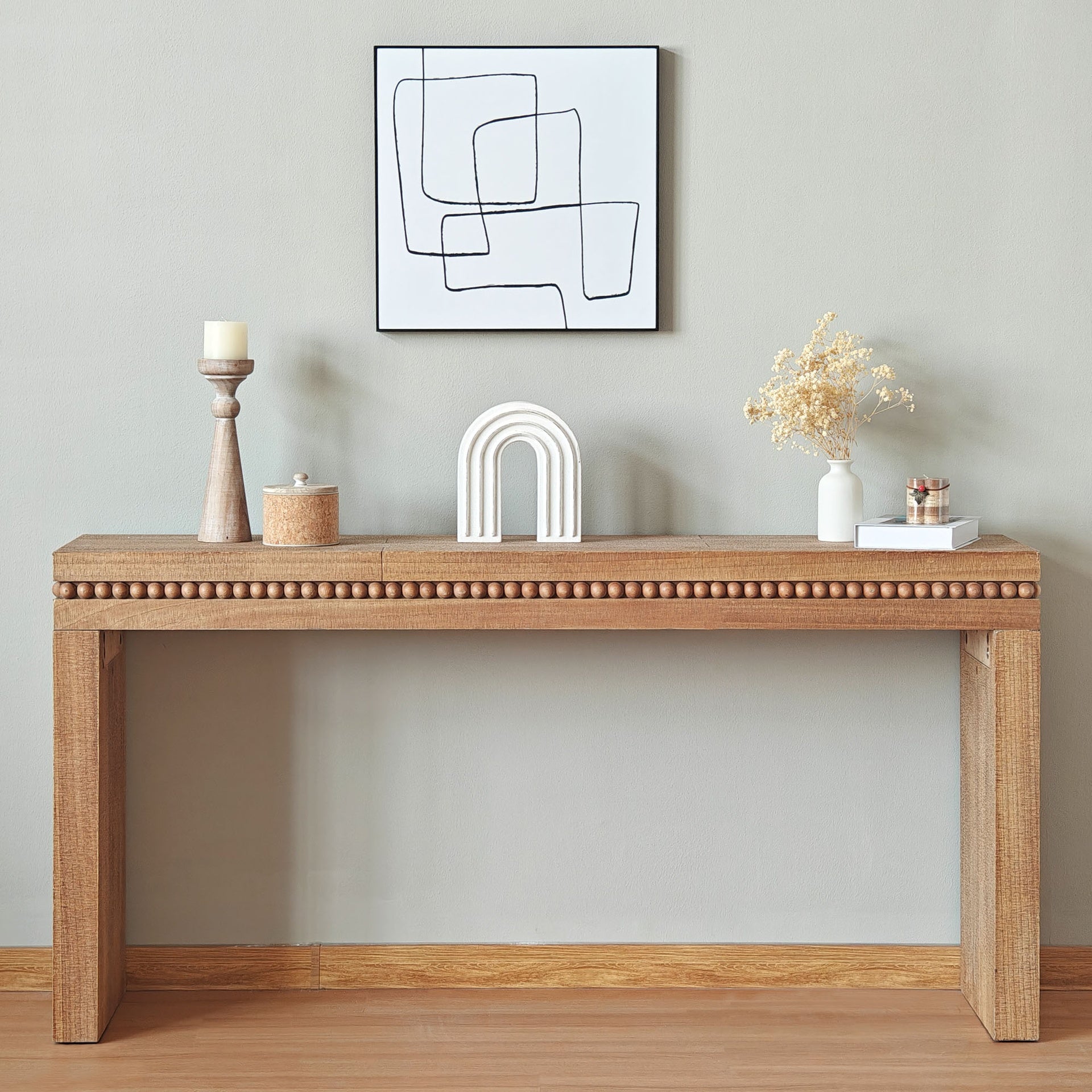64in Rustic Wood Console Table – Elegant Entryway Table with Decorative Beaded Trim