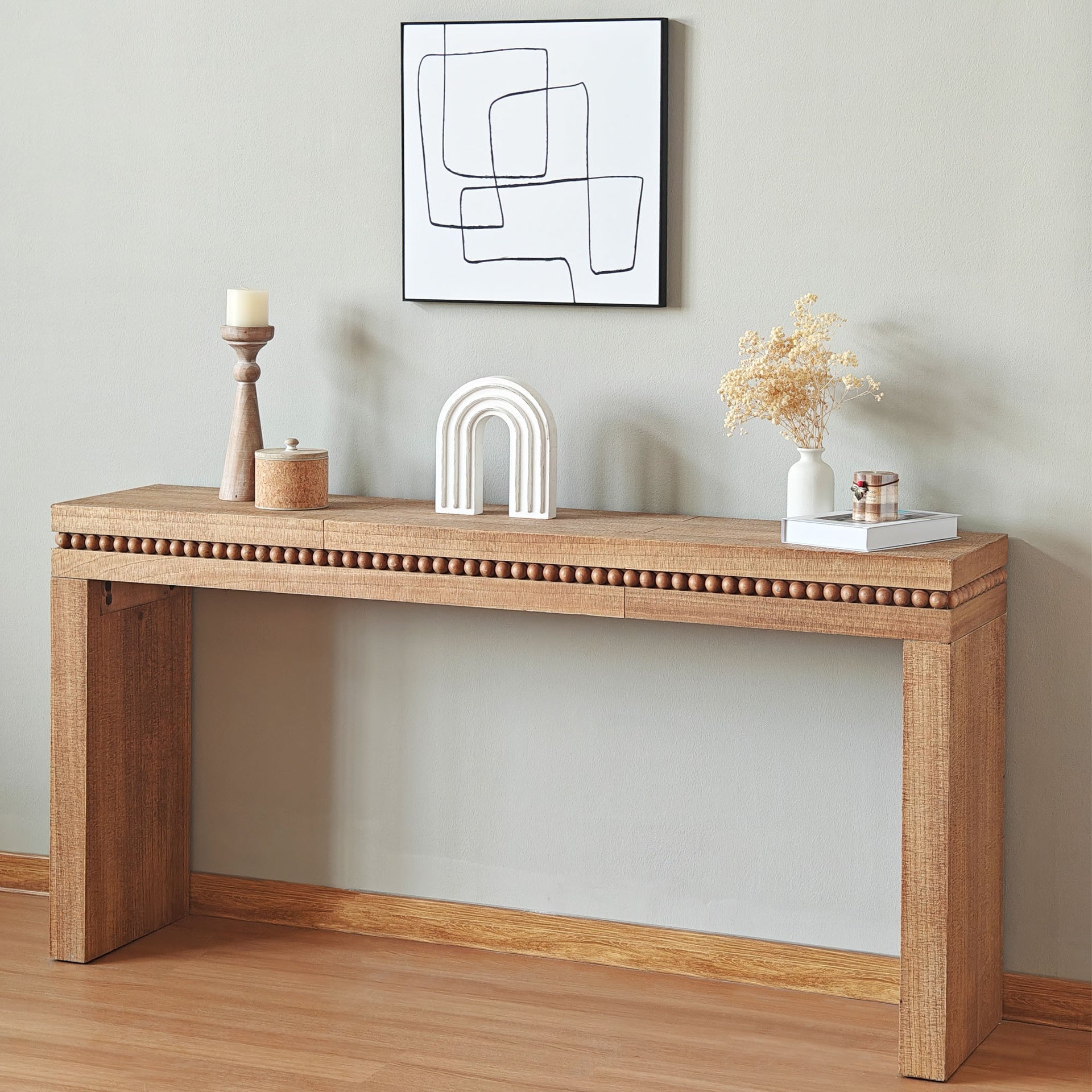 64in Rustic Wood Console Table – Elegant Entryway Table with Decorative Beaded Trim