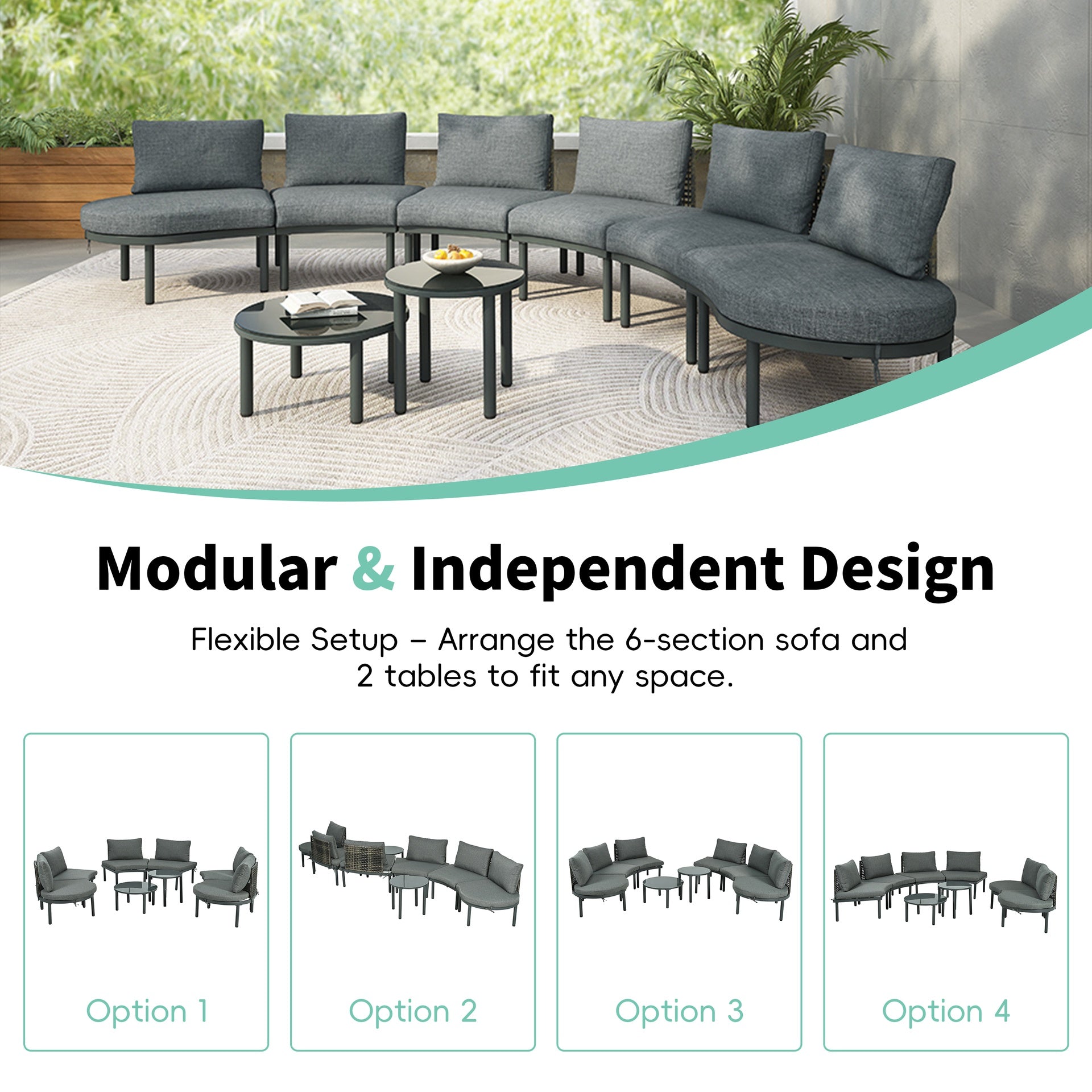 TOPMAX 8-Piece Patio Sofa Furniture Set, Half Moon Outdoor Sectional Sofa with 2 High-Low Coffee Tables, PE Wicker Rattan, Tempered Glass, 6 Pillows & Cushions, for Backyard, Garden, Poolside,Gray